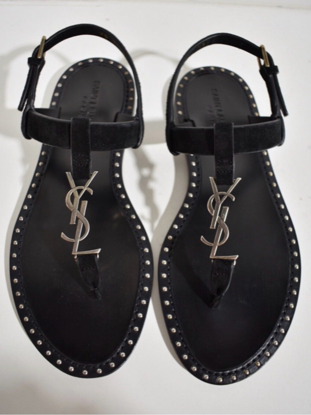 Saint Laurent Black Studded YSL Logo T-Strap Sandals